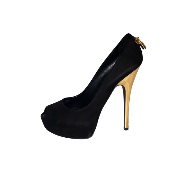 Authentic Louis Vuitton Black/Gold Suede Oh Really Peep Toe Platform Pumps Heels - Picture 4 of 11